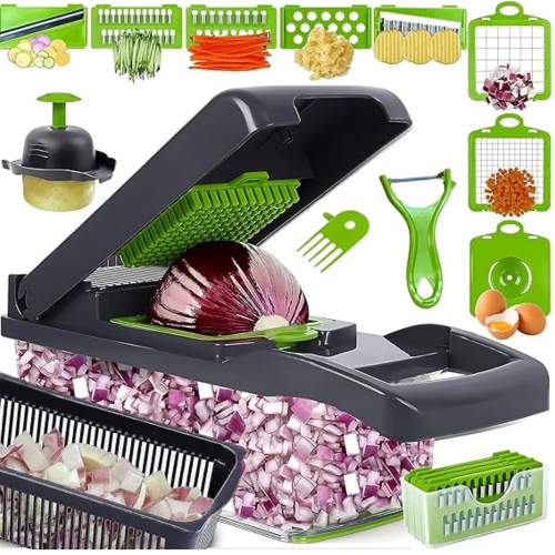 Picadora de verduras 15 en 1 con 8 cuchillas reemplazables - Cortadora ajustable y ralladora para cocina